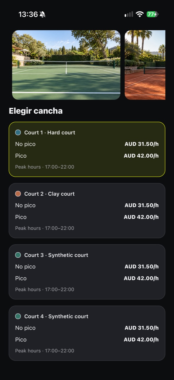 Fotos y precios de las canchas en la app
