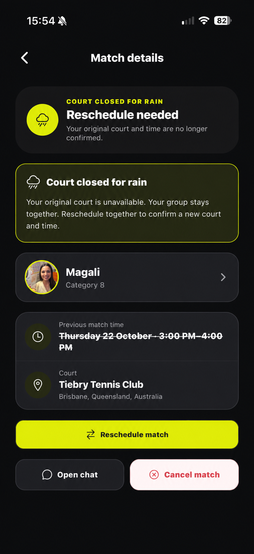 Rain notice and rescheduling in the app