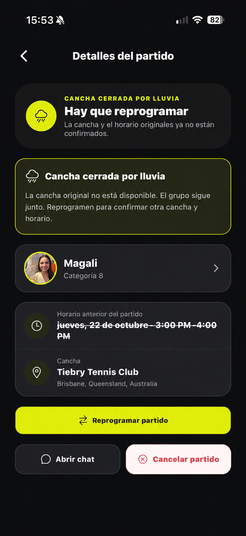 Aviso de lluvia y reprogramación en la app