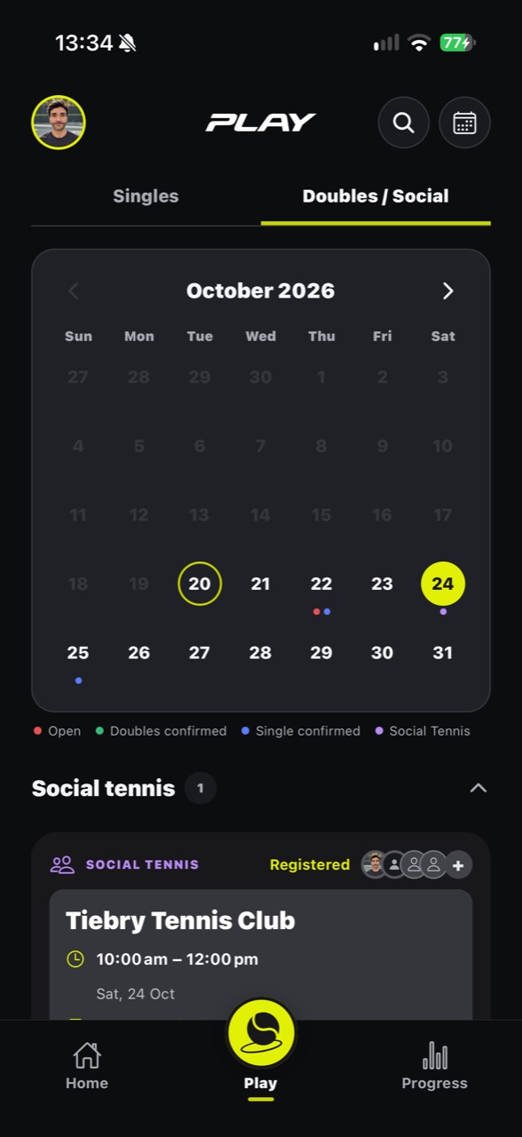 Social Tennis calendar in the app