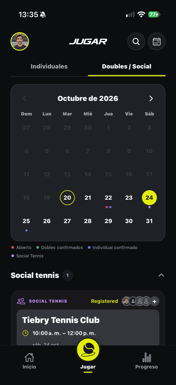 Calendario de Social Tennis en la app