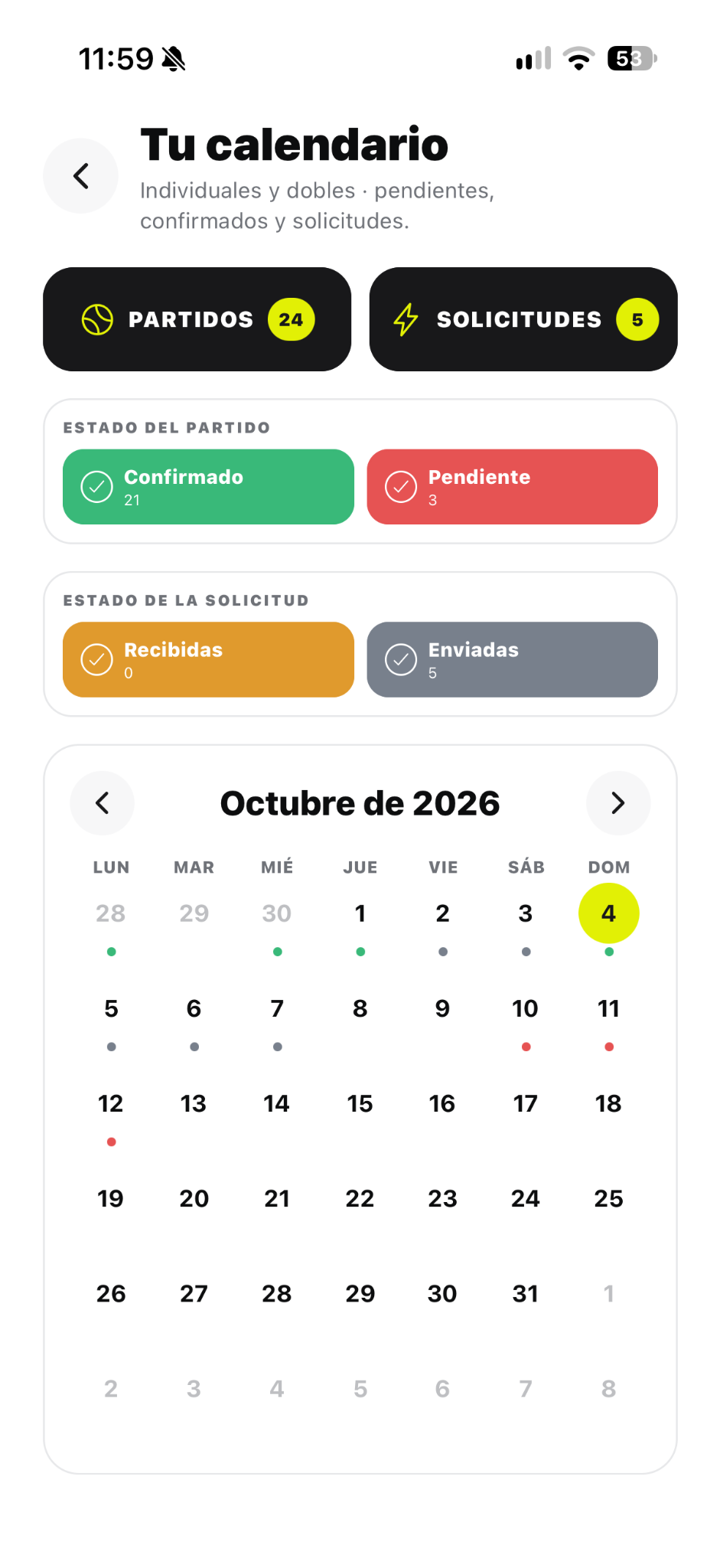 Calendario de Tiebry en español con filtros de partidos y solicitudes de octubre de 2026