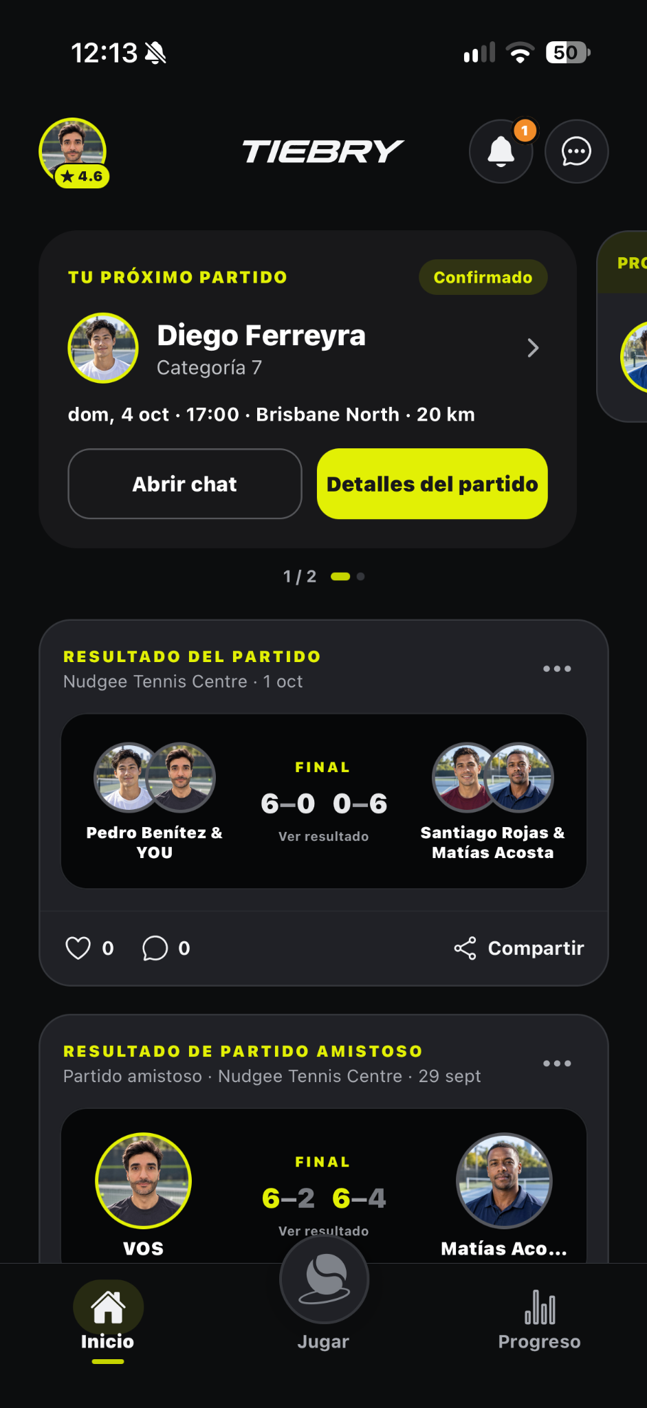 Pantalla de inicio de Tiebry en español con el próximo partido y resultados de partidos