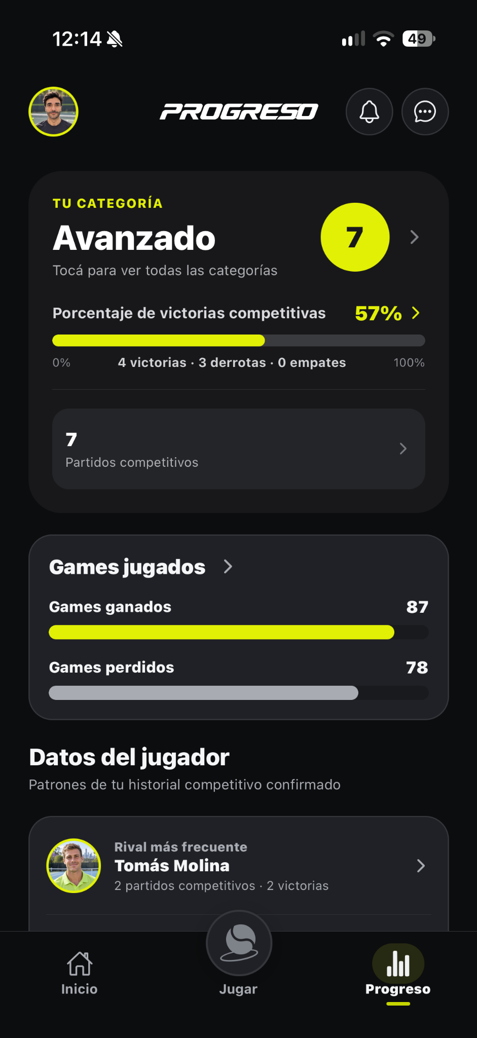 Pantalla de progreso de Tiebry con categoría, resultados competitivos y estadísticas